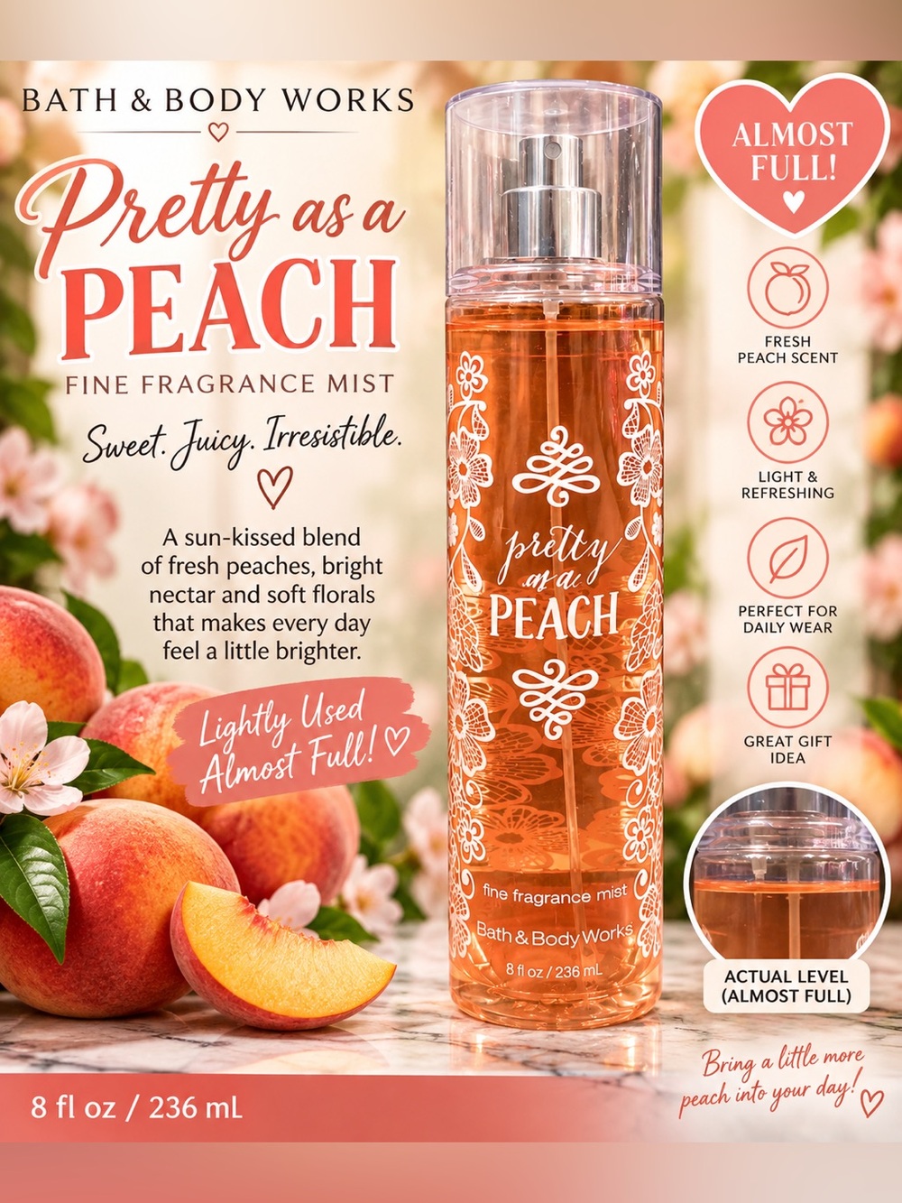 Bath & Body Works Peach Scented Fine Fragrance Mist - LIGHTLY USED MOSTLY FULL